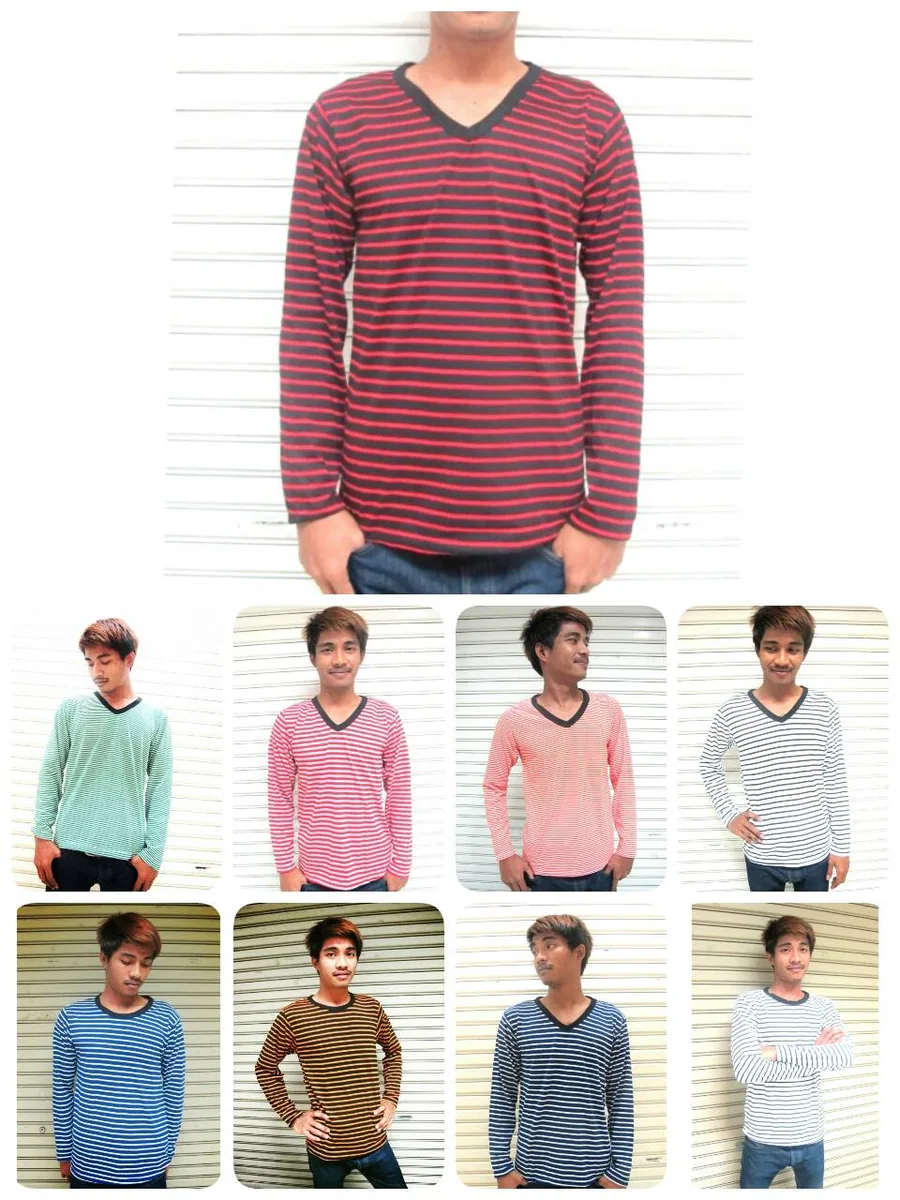 เสื้อยืดคอวี ลายทาง แขนสั้น แขนยาว