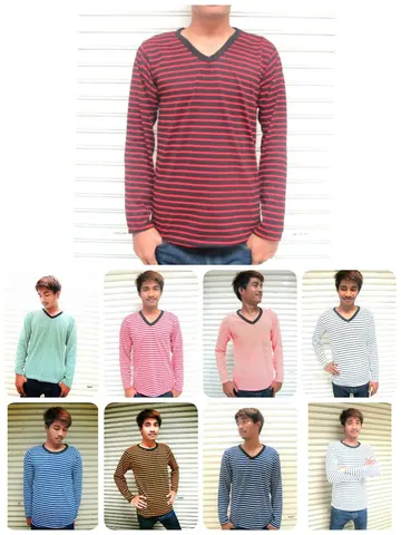 เสื้อยืดคอวี ลายทาง แขนสั้น แขนยาว