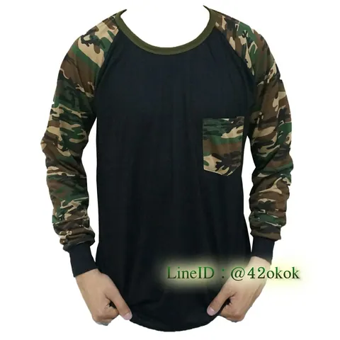เสื้อสีดำ มีกระเป๋าลายทหาร แขนยาวลายทหาร คอกลม สวยๆ จ้า แบบที่ 5
